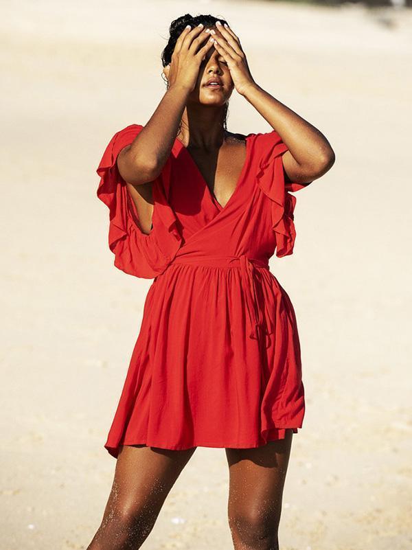 Deep V-neck Strap Solid Ruffled Cover-up Swimwear