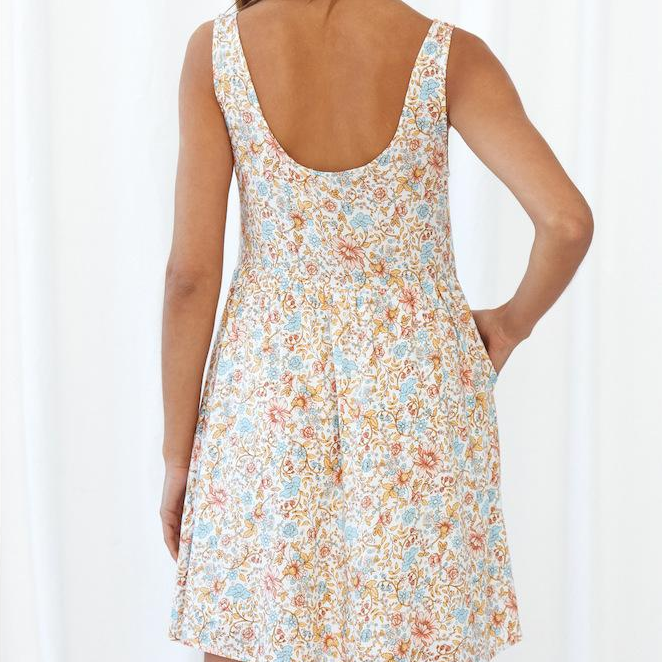 Summer Floral Print V-neck Short Dress 2021 Casual High-waist Button Women Beach Dress Backless Female A-line Vestidos