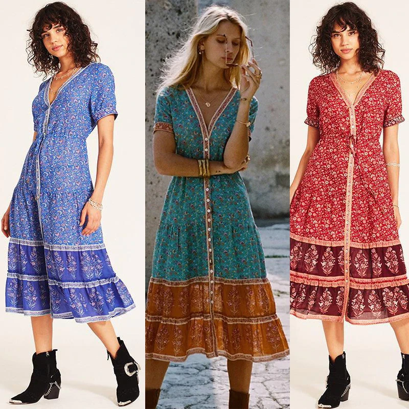 Boho Loose Dress Summer Style Folk Floral Print Tropical Holiday Beach Dress V-Neck Short Sleeve Sundress Plus Size 5XL Dropship