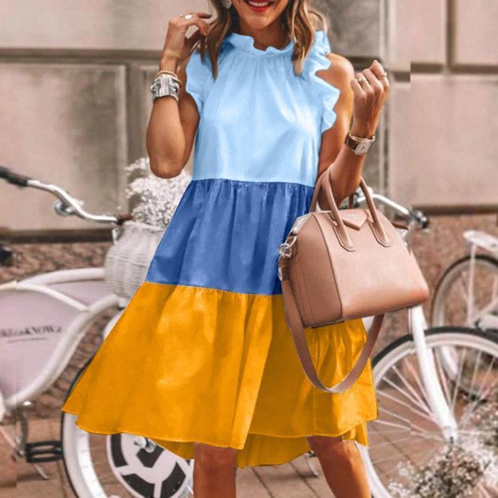 Casual Round Neck Sleeveless Color Block Mini Dress