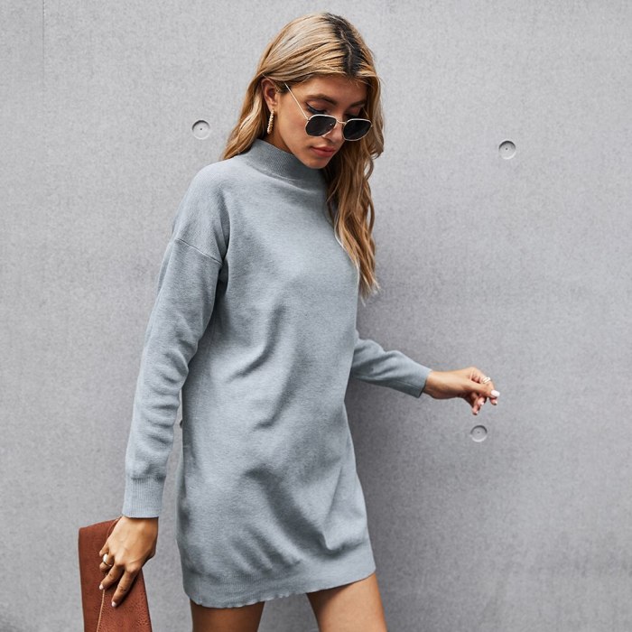 Women Turtleneck Side Buttons Straight Mini Dress Knitted Hedging Thin Solid Dress 2021 Autumn Winter Office Lady Mini Dress