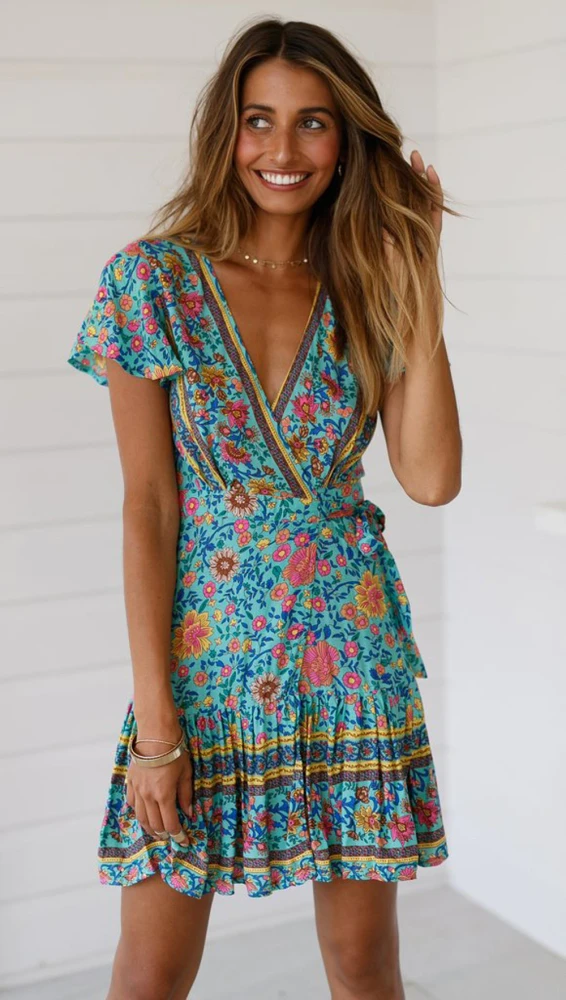 Vintage Chic fashion women hippie floral print V-neck sashes Bohemian mini dress ladies short sleeve wrap Boho beach sundress