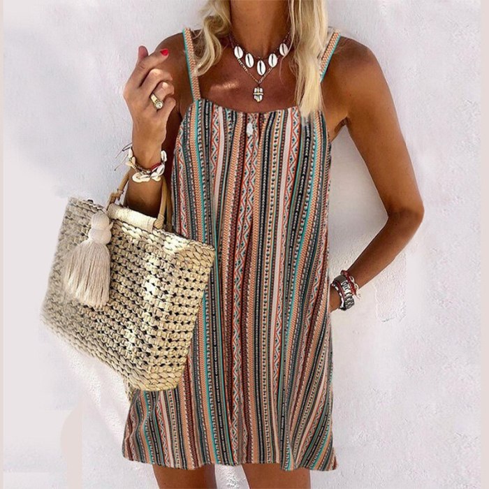 Summer Sexy Backless Sleeveless Loose Dress Women Slash Neck Spaghetti Strap Party Dress Casual Striped Print Vintage Mini Dress