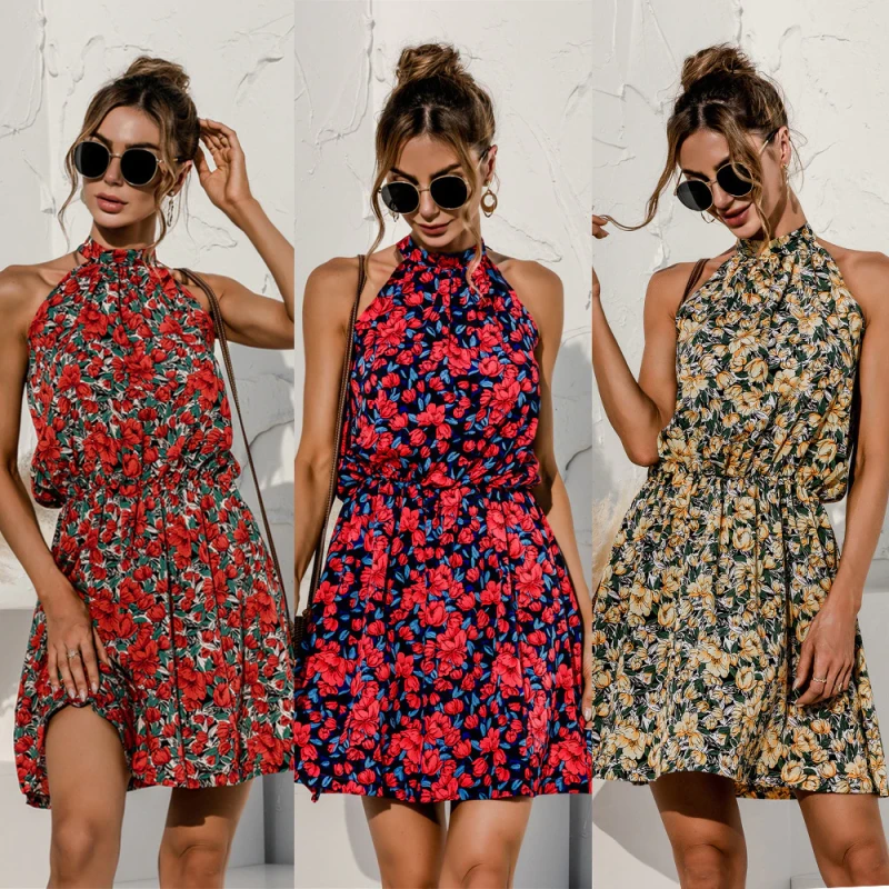 Summer Sexy Halter Lace Up Floral Print mini Dress 2021 vintage sleeveless dress beach Casual party short Dress for Women