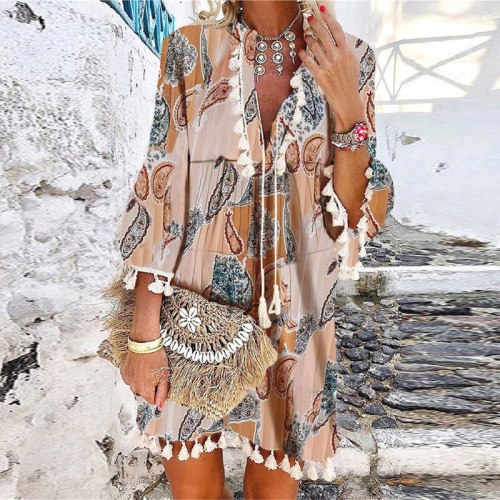 2021 Spring Vintage V Neck Tassel Party Dress Women Elegant Floral Print 3/4 Sleeve Mini Dress Ladies Summer Casual Beach Dress