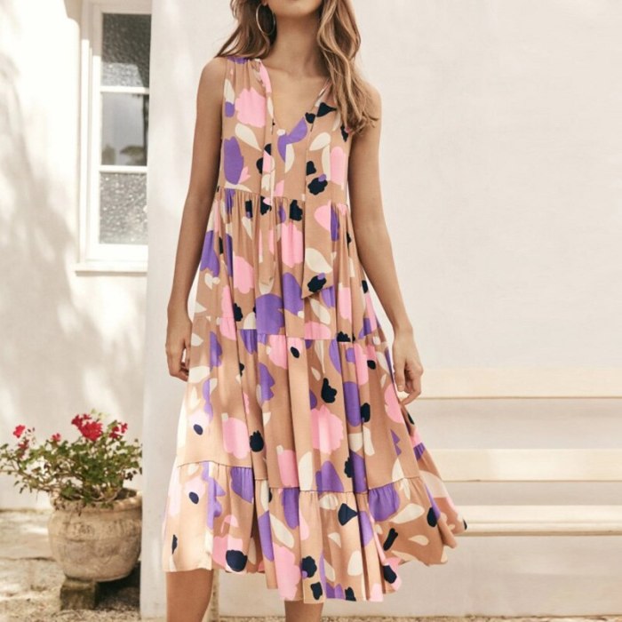 Women V-neck Sleeveless Print Midi Dresses Casual Female Fahion Pleated Dress 2021 Summer Ladies Vacation Beach Vestidos