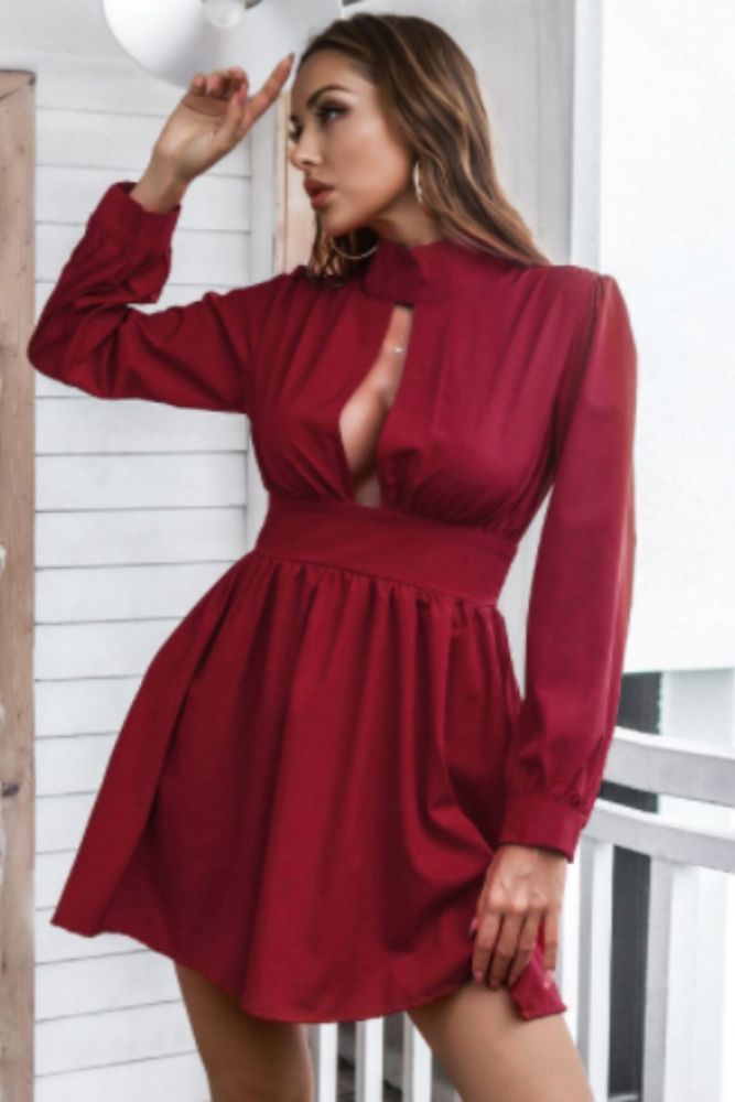 Solid Mini Dress Sexy O Neck Hollow Out Office Ladies Dress Elegant Elastic Waist Casual Loose Women A-Line Dresses