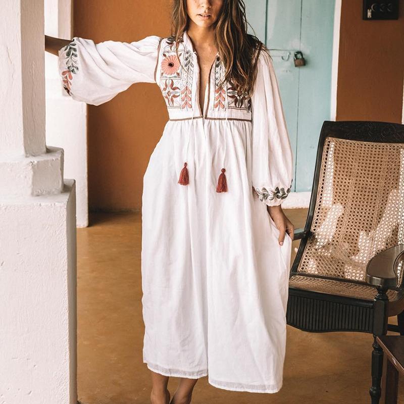 Casual V Neck Bracelet Sleeve Tassel Long Dress