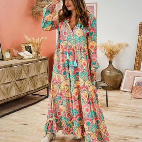 Plus size boho hippie chic verano Women bohemian tassel long sleeve v neck print loose maxi dress 2020 Vintage dress