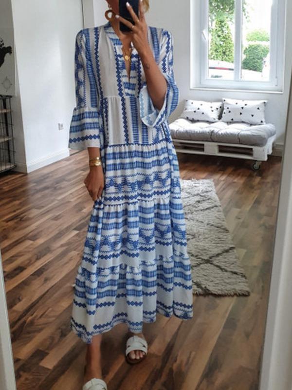 Boho Printed V-Neck 3/4 Sleeve Loose Maxi Dress