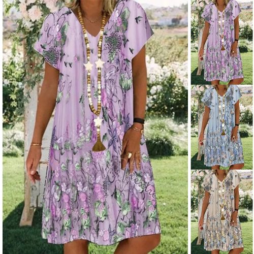 V Neck Short Sleeve T Shirt Dress Women Summer Casual Loose Elegant Beach Boho Dresses Plus Size Print Fashion Pullover Clothing