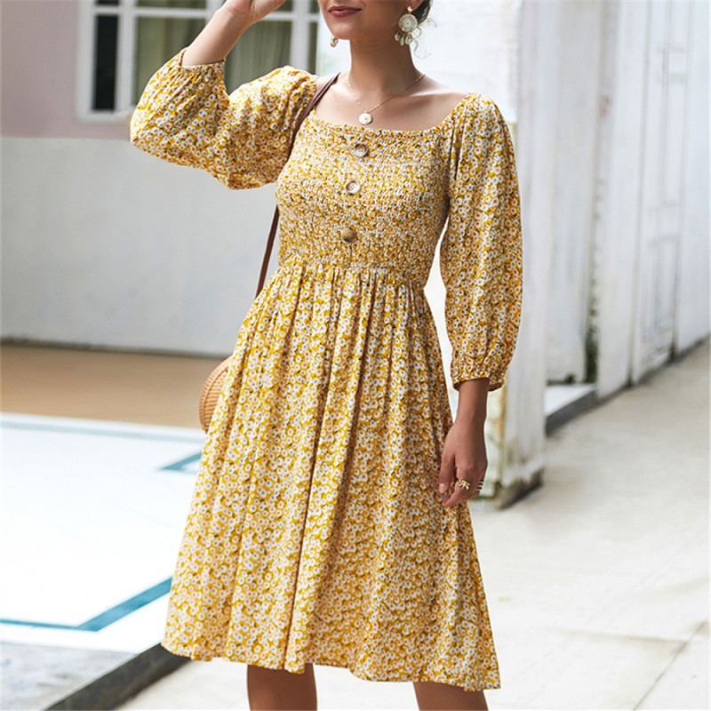 Spring Summer Elegant Small Floral Dresses Women Casual Button Square Collar Backless Full Lantern Sleeve A-Line Midi Dress