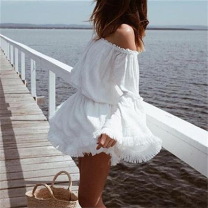 Sexy Off Shoulder Bell Sleeve Fringed Mini Dress