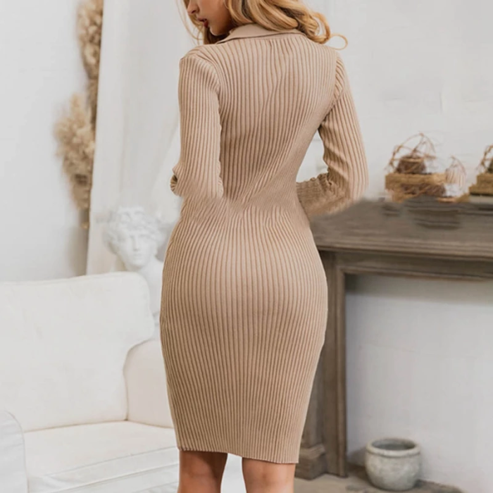 Sexy Long Sleeve Turn-down Collar Button Bodycon Sweater Dress
