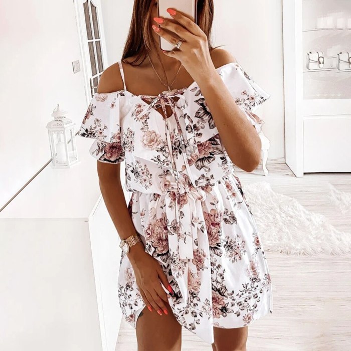 Sexy Spaghetti Strap Beach Off Shoulder Floral Mini Woman Dress 2021 Summer Casual White Ladies Dresses For Women Robe Femme