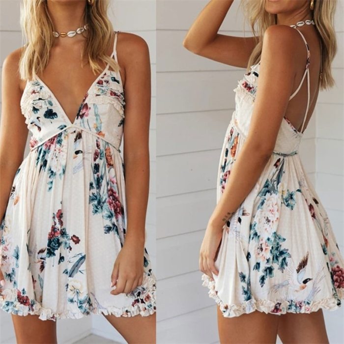 Women Fashion Spaghetti Strap Deep V-Neck Dress Female Backless Floral Print Sleeveless Dresses For Summer 2021