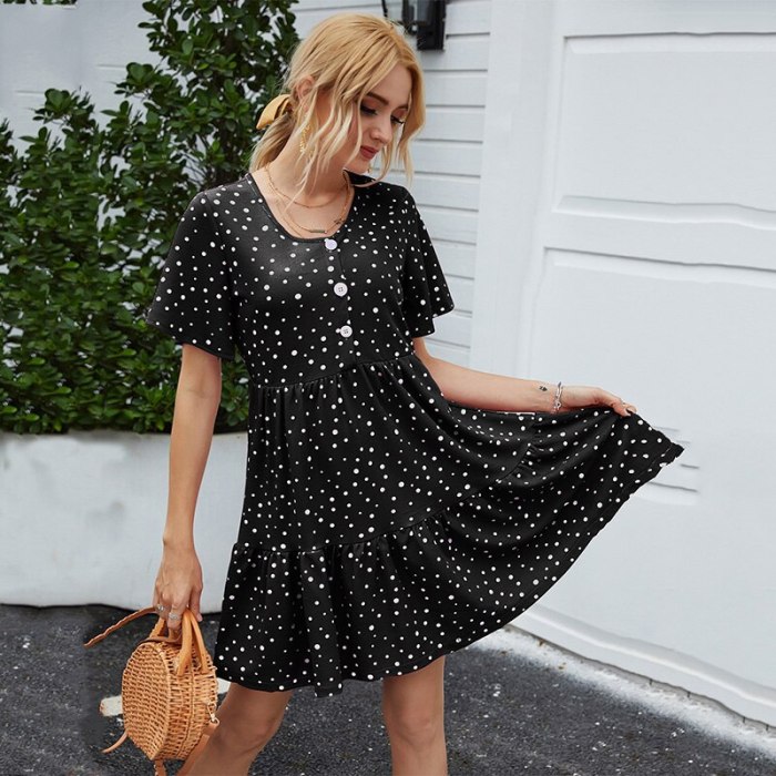 Women Dress Polka Dot Print Summer Short Sleeve Casual Mini Dresses O-neck Button Loose Pleated Vintage Beach Party Sundress