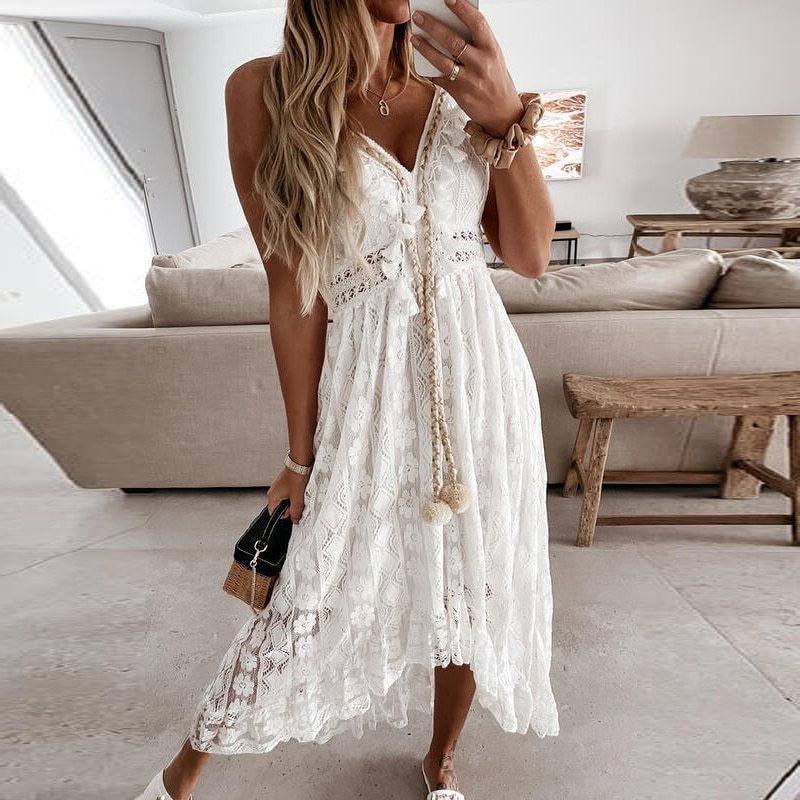 2021 Women Sexy V Neck Tassel Long Dress Summer Sleeveless Off Shoulder Party Dress Elegant Hollow Out Crochet Lace Beach Dress