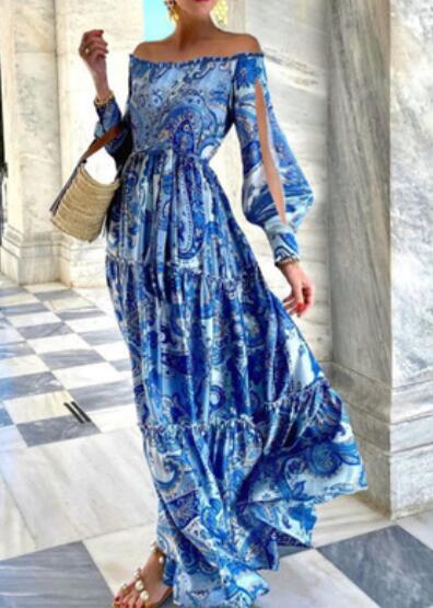Ladies' Bohemian Style Floral Print High Waist Slash Neck A-Line Long Dresses платье