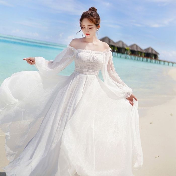 White Dress Elegant Fairy Chiffon Off Shoulder Dress Maxi Long Sleeve Sexy Beach Dresses Women Boho Autumn Clothes 2021 Vintage