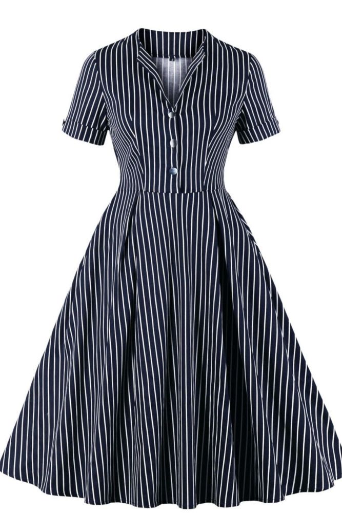 Navy Blue Button Front Striped Vintage Robe Cotton Dresses for Women 2021 High Waist Elegant Pocket Pleated Midi Dress