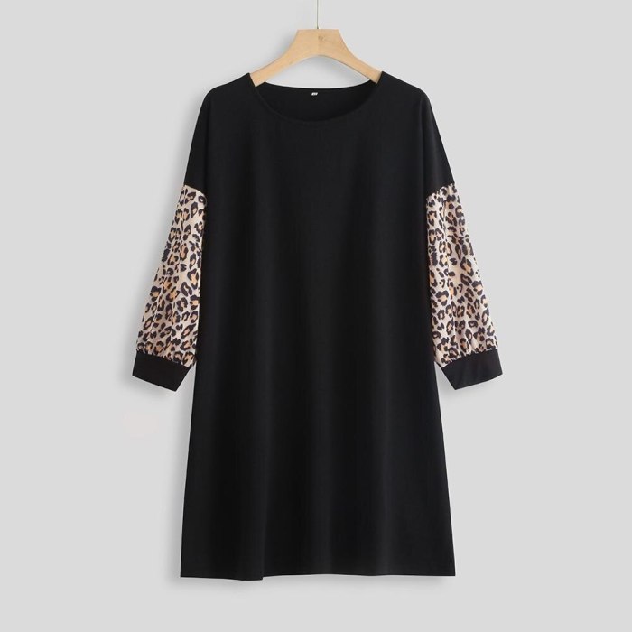 Women's Fashion Round Neck Casual Leopard Print Patchwork Color Dress Spring new seven-point sleeves O-Neck Dress 3/4 Sleeve