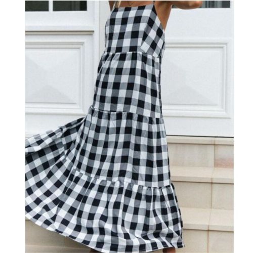 Women's Sexy Sleeveless Sling Dress Summer Spaghetti Strap Vestidos Casual Loose Plaid Printing Square Collar Loose Robe