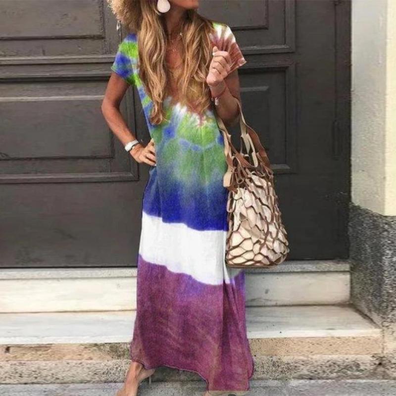 V-Neck Short Sleeve Tie Dye Loose Vacation Dress