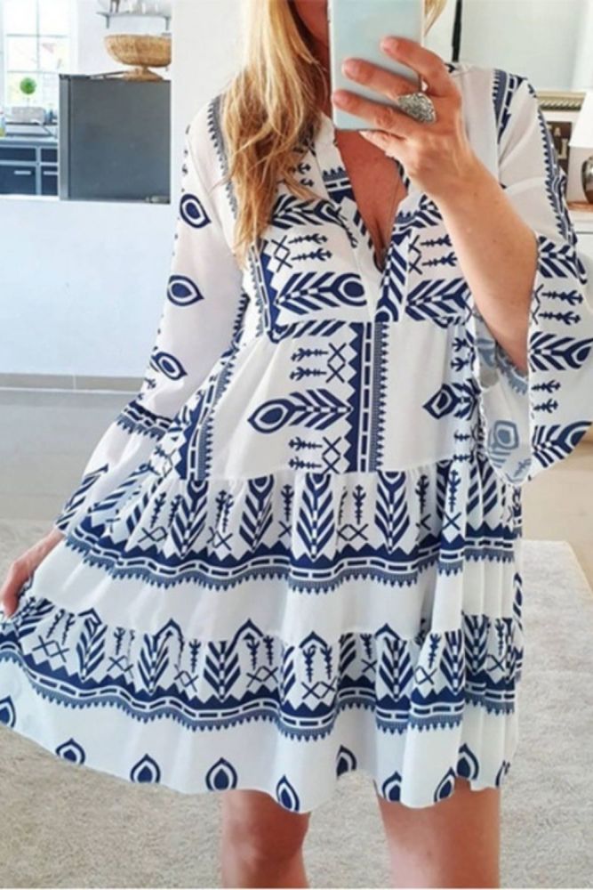 Women Long Sleeve Dresses Summer 2021 Print Flared V Beachwear Dress Mini Dresses Loose Beach Casual Deep Dress Sleeves Par E7X0