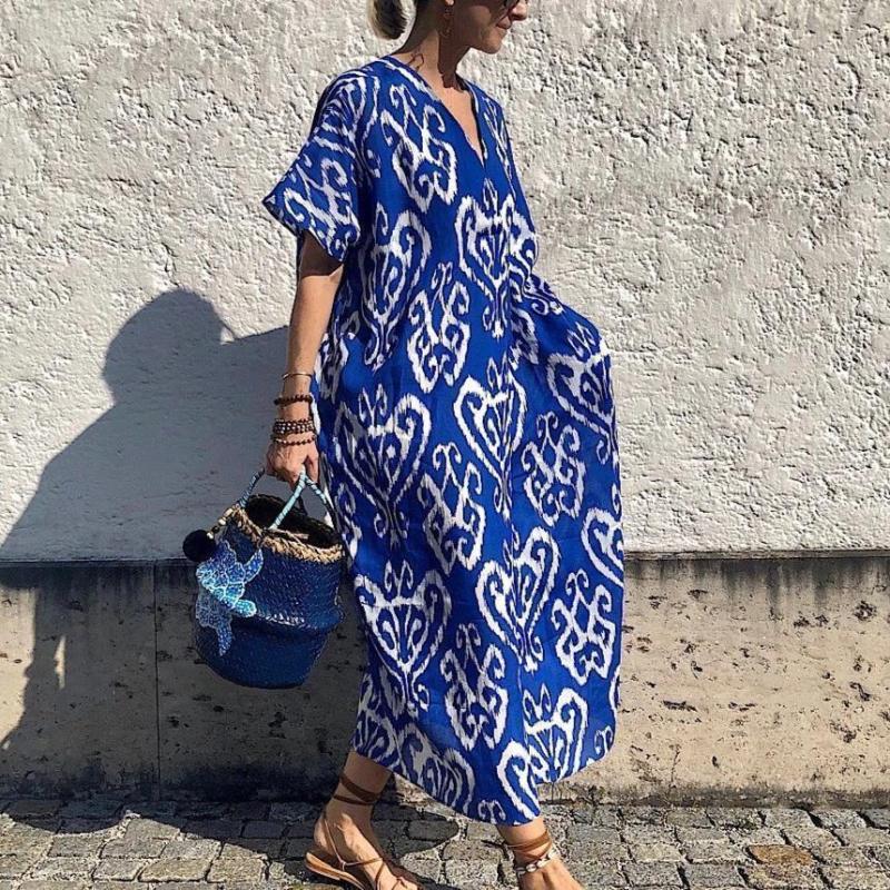 Vintage Blue Print Short Sleeve Maxi Dress