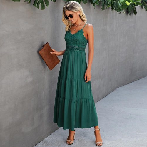 2021 New Embroidery Sexy Women Summer Long Dress V-neck Spaghetti Strap Lace Patchwork Evening Party Dress Vestidos