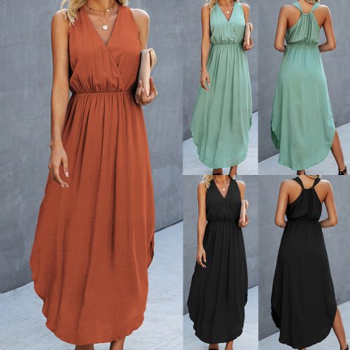 Fashion Solid Color Dress Summer Casual V-Neck Sleeveless Ankle-Length Dresses
