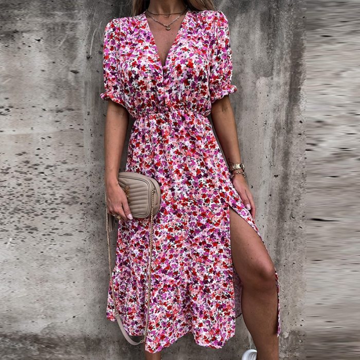 Elegant Floral Print Party Dress Women 2021 Summer V Neck Button Split Long Dress Vintage Short Sleeve A-Line Ladies Maxi Dress