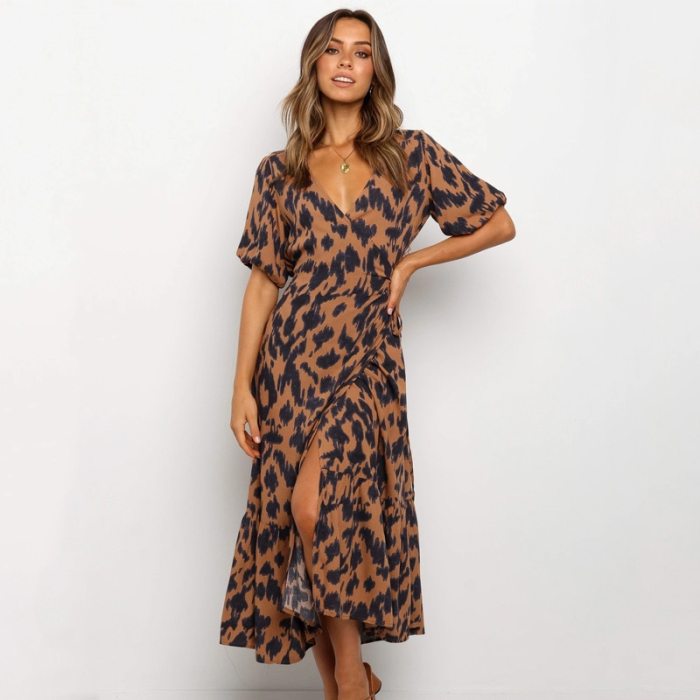 Fashion V Neck Lantern Sleeve Holiday Style Beach Summer Dress Wrap Lace Up Ruffled Women Dress Leopard Print Midi Dress