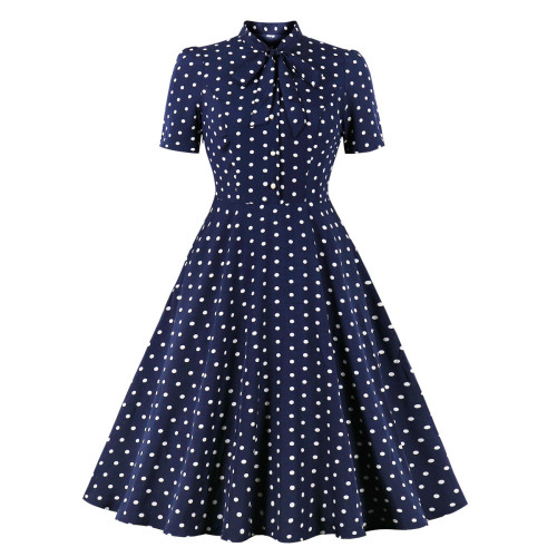 Tonval Bow Tie Neck Button Front Polka Dot Pinup 50s Vintage Shirt Dresses Women A-Line Summer Female Elegant Blue Dress