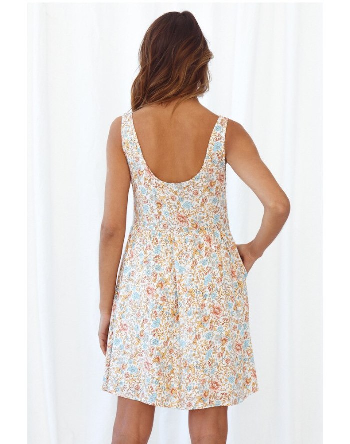 2021 Summer Sexy Sling Halter Button Decorative Print High Waist Slim Sweet Short Dress Women Summer Clothes for Women