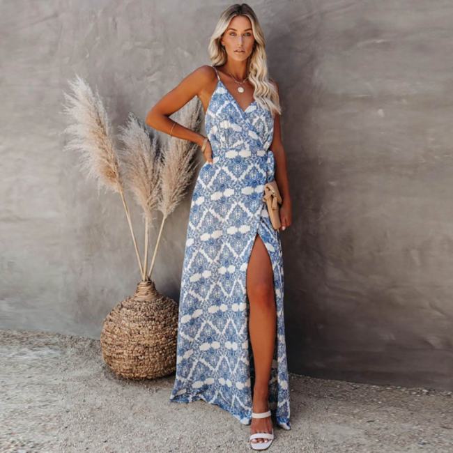 Long Vacation Style Printed Dress Women Tie Up Belt Backless Split Dress New Fashion Summer Beach Maxi Dress Vestidos