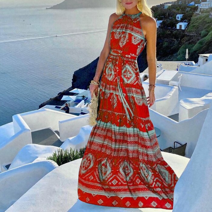 Women Boho Vintage Pattern Print Casual Long Halter Sleeveless Beach Maxi Dress