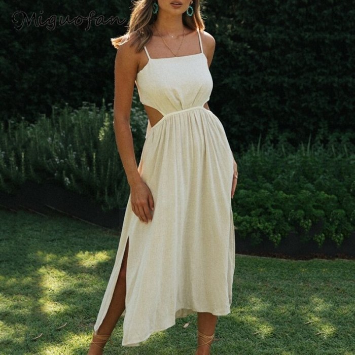 Long Dresses Women Cut-Out Solid Beige Ladies Summer Beach Vestidos Oversized Plus Maxi Slip Sexy Dress Female 2021 New