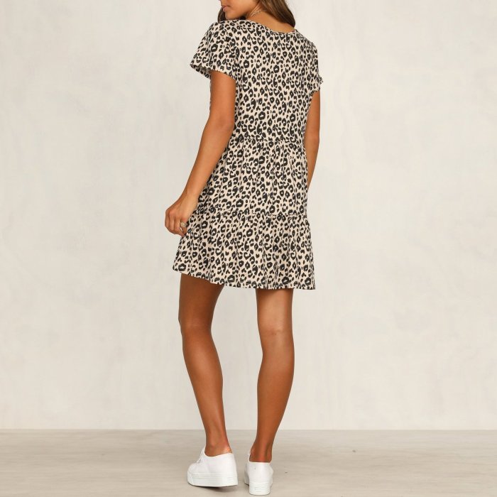 Fashion Sexy V-Neck Leopard Print Ruffled Dress