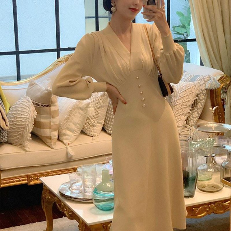 Elegant Midi Dress Casual Slim Button Fall Dresses