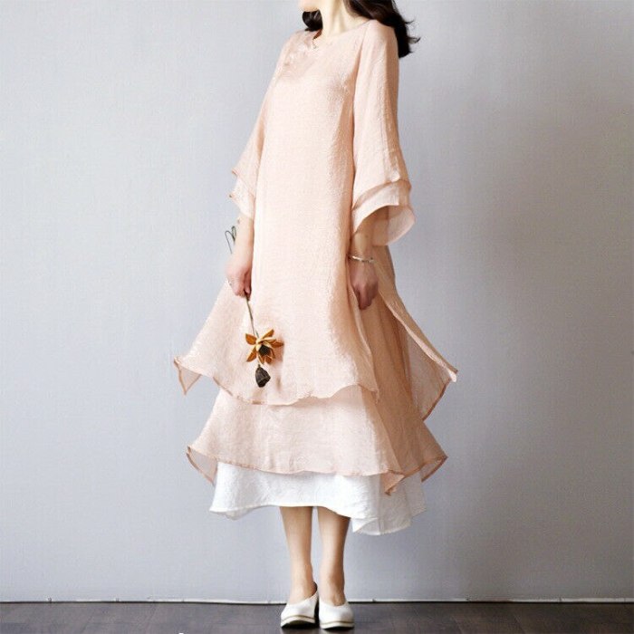 Women's Vintage Chinese classic dress loose solid color long sleeve dress Vintage Chinese classic spring and autumn robe dress