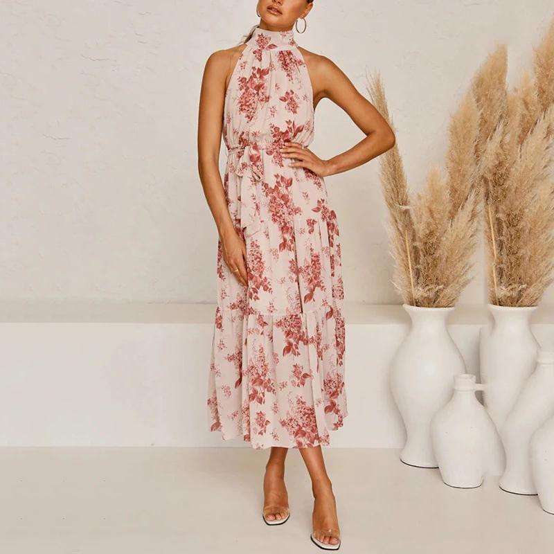 high neck layered sleeveless floral print maxi dress