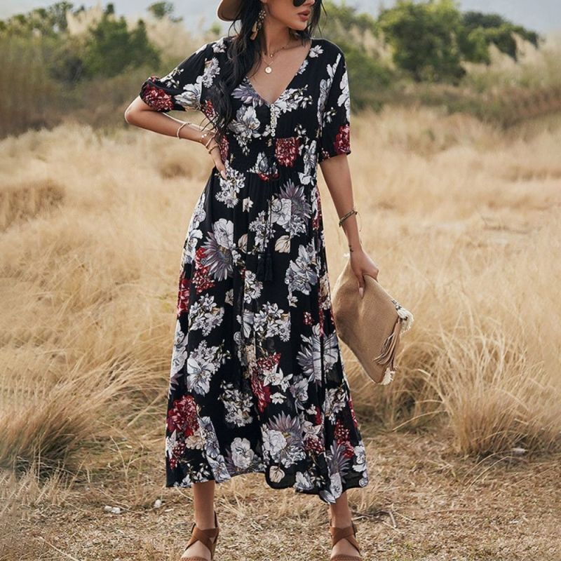 2022 Summer Sexy Floral Print Dress Women Casual High Waist V-Neck Dress Women Split A-Line Dress Vestidos Femme Dress Outwear