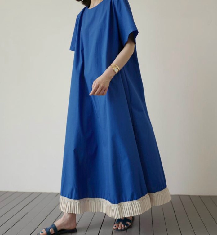 Korea Spring and Summer 2021 New Sweet Contrast Pleated Lace Long Maxi Dress Loose A-Line Blue Dress