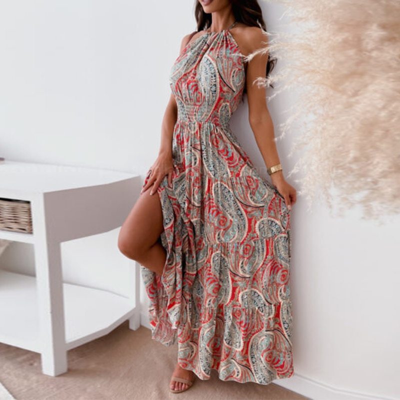 New Sexy Halter Backless Long Party Dress Women Casual Pattern Print Vintage Dress Sping Summer Off Shoulder Ruffle Maxi Dresses