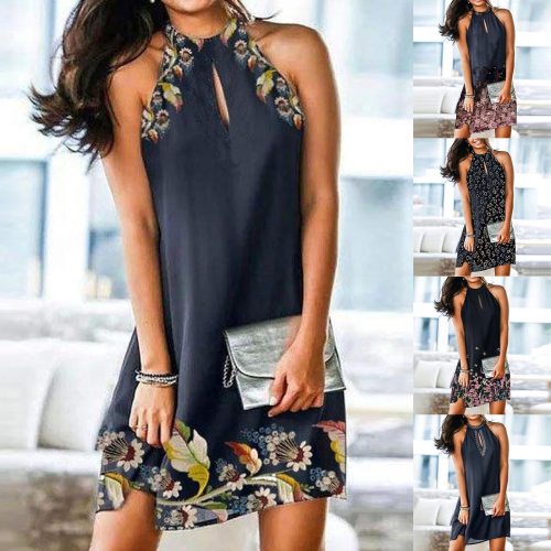 Women's Hot Sexy Dress Sexy Backless Sleeveless Hang Neck Floral Printed Mini Dress Summer Slim Lace Up Pleated Dress Sundress