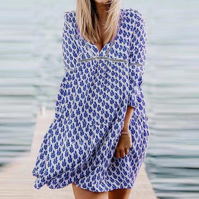 Sexy V Neck Floral Print Summer Beach Dress Women Fashion Flare Sleeve Loose Autumn Dress Elegant Hollow Out Vintage Party Dress