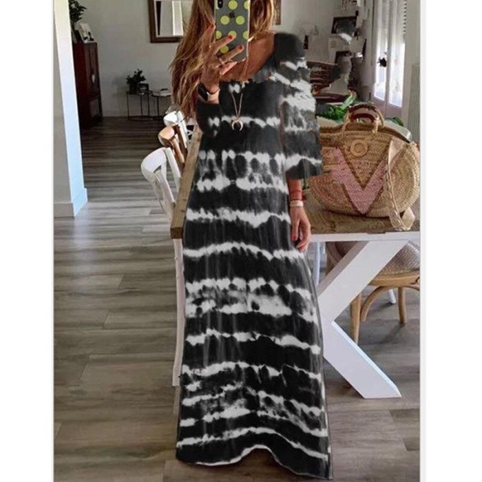 Long Sleeve White Striped Print Maxi Dresses Autumn Casual Women Robe V-neck Plus Size Women Clothes Long Loose Dress Femme