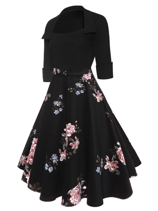 1950s Floral Print Patchwork Swing Dress